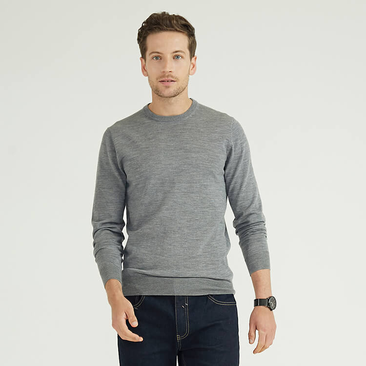 Custom Mens 100% Merino Wool Grey Crewneck Knitting Sweaters