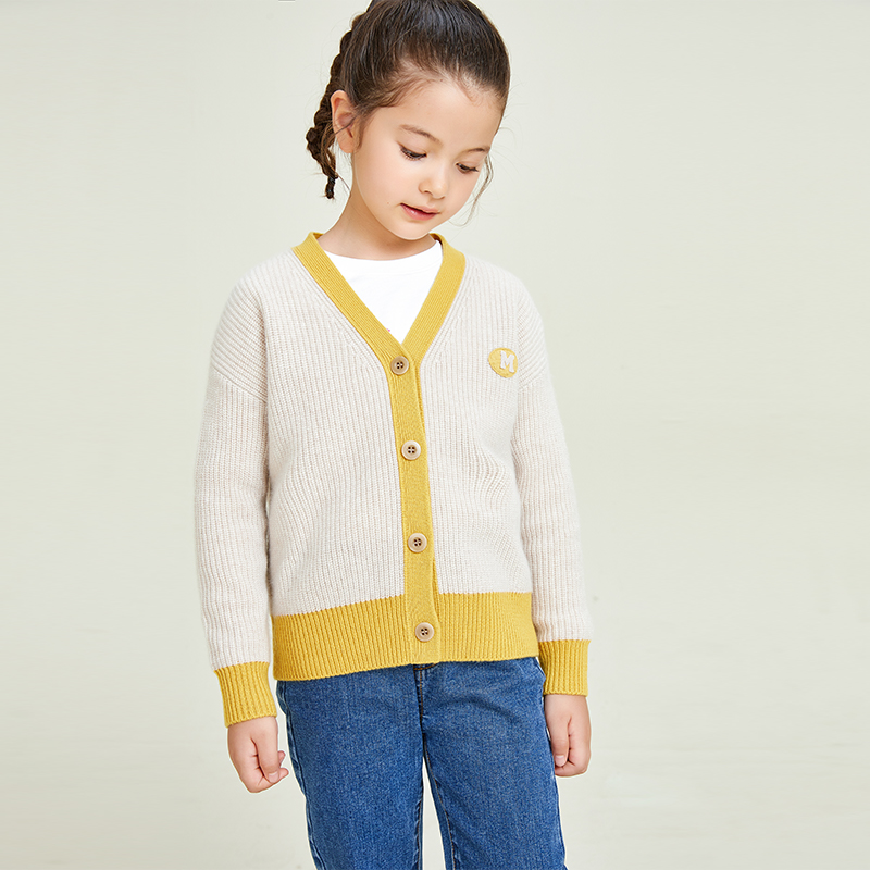 Yellow Contrast Stitching Knitting V-neck Long Sleeve Girls\' Sweater Cardigan