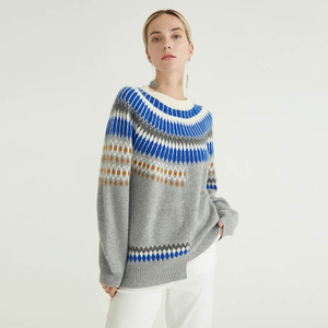 Vintage Embroidered Knitted Color block Knitted Women Sweater Pullover