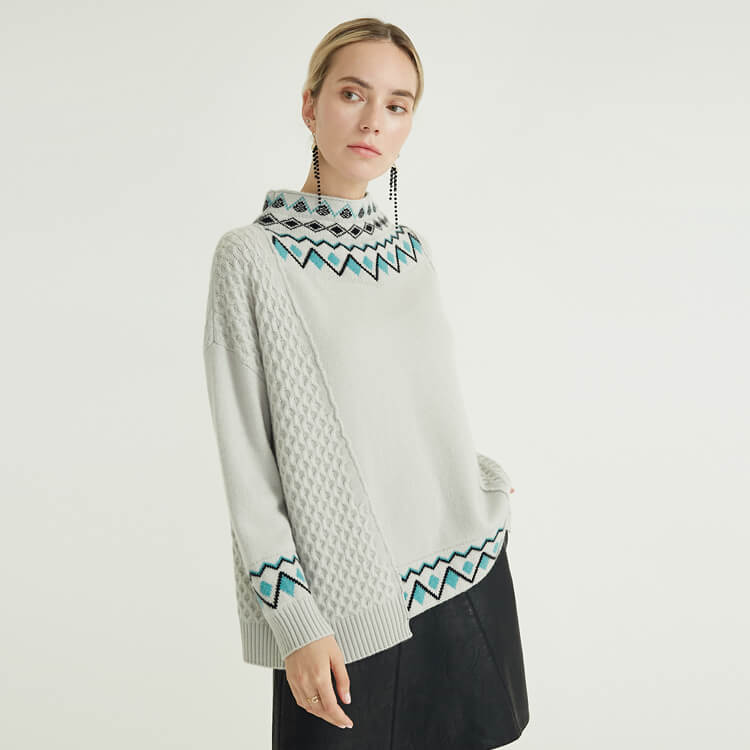 New Custom High Neck Knitted Stitching Women Merino Wool Sweater