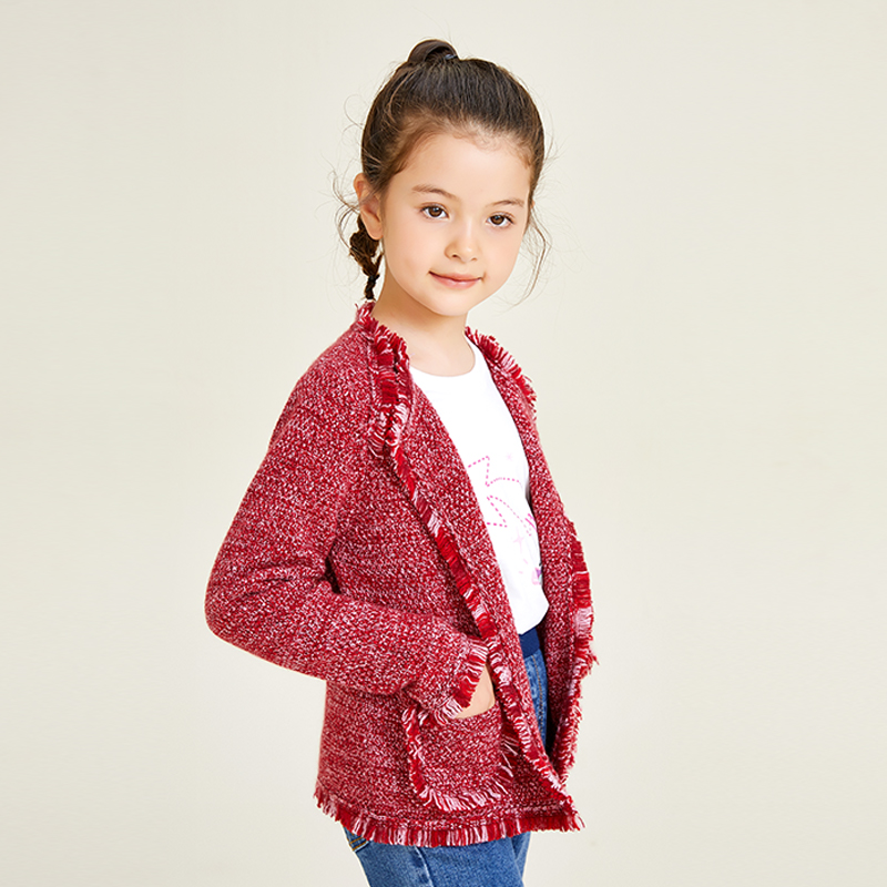 Little Fragrant Red Classic Design Long Sleeve Knitted Girls Cardigan