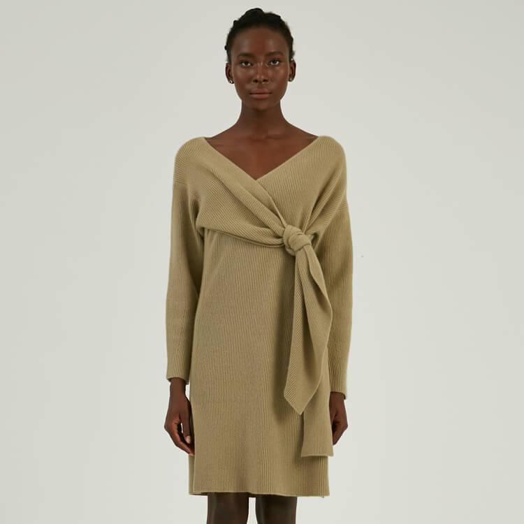 Custom Autumn Winter 100% Merino Wool Midi Wrap Knit Sweater Dress With Belt