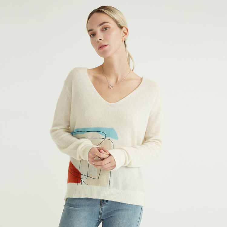 V-neck Solid Color Knitted Print Simple Winter Women Sweater Pullover