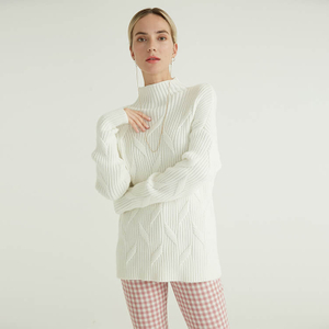 Factory White Long Sleeve High Collar Rib Chunky Woman's Sweaters For Women