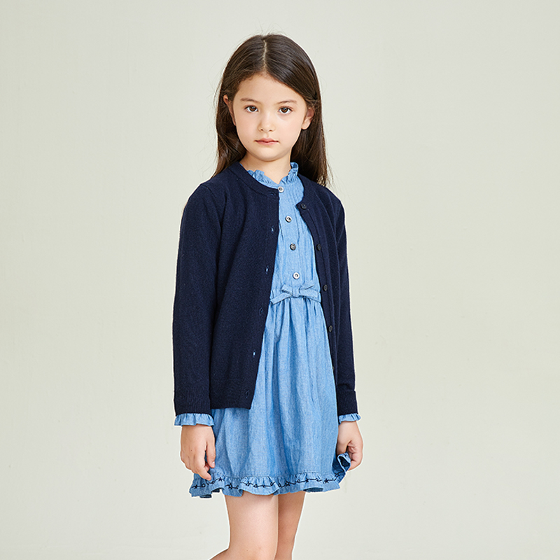 Blue Knitted Solid Button Girls\' Coat Cardigan