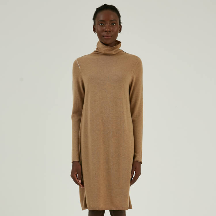 Personalized 100% Cashmere Hand Stitching Turtleneck Knit Long Sweater Dress