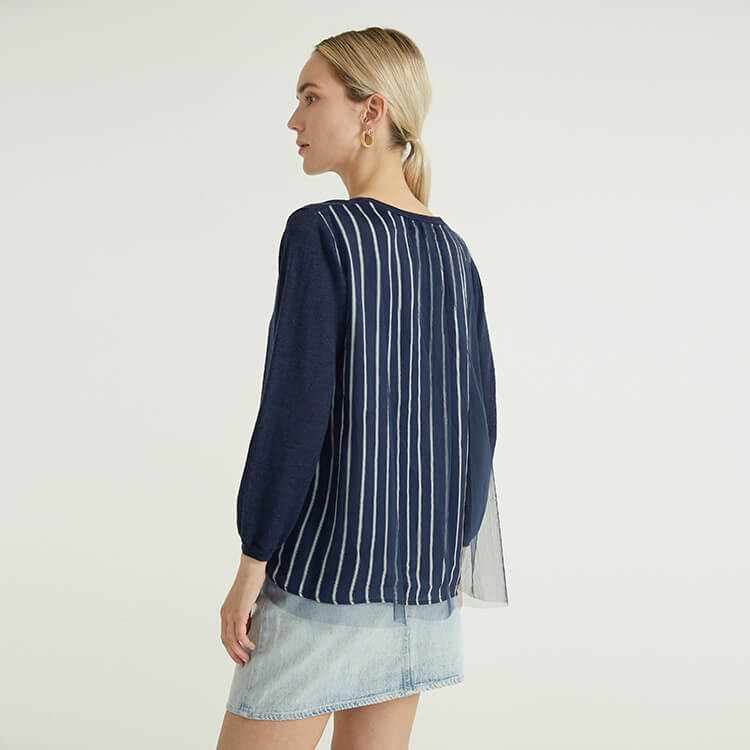 Blue Crew Neck Back Striped Tulle Design Knitted Pullover Women Knit Sweater