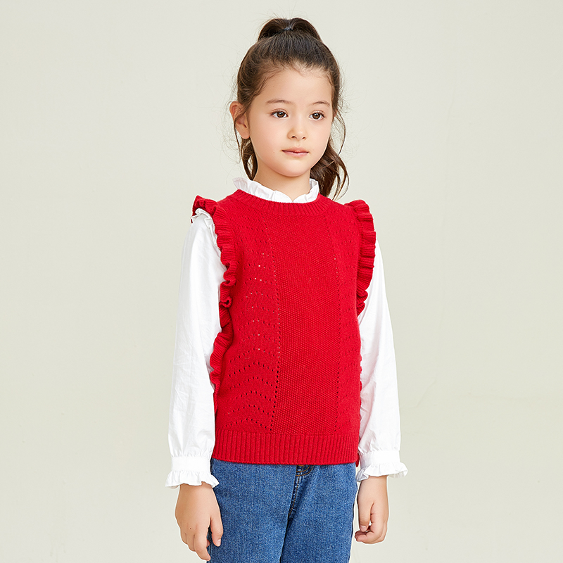 Girls\' Round Neck Sleeveless Pullover Vest With Knitted Ear Edge Design