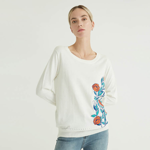 Solid Color Printing Simple Commuter Cotton Pullover Sweater For Women