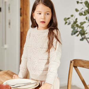 Double Layer Rib Neckline Knitted Long Sleeve Simple Fashion Girls Pullover Sweater