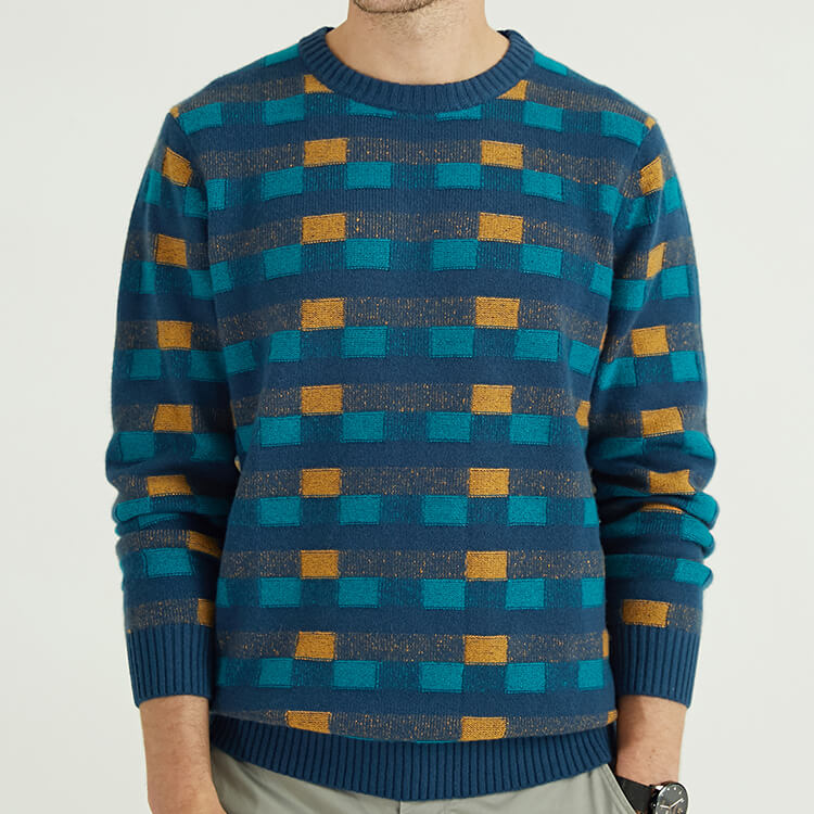 Custom Luxury Men\'s 100% Cashmere 0-neck Long Intarsia Plaid Knit Sweater