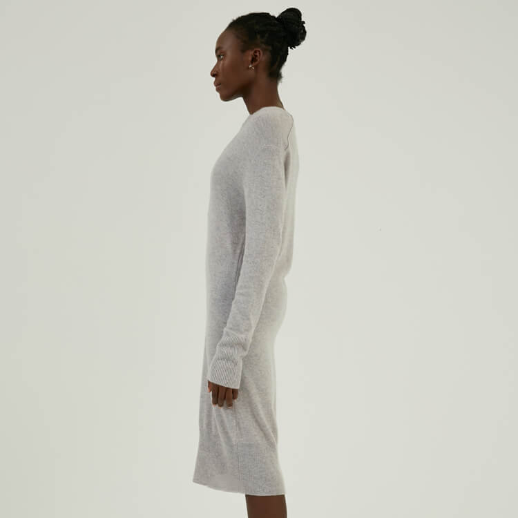 Customized Women 100% Cashmere Deep V-neck Long Sleeve Knit Midi Dress
