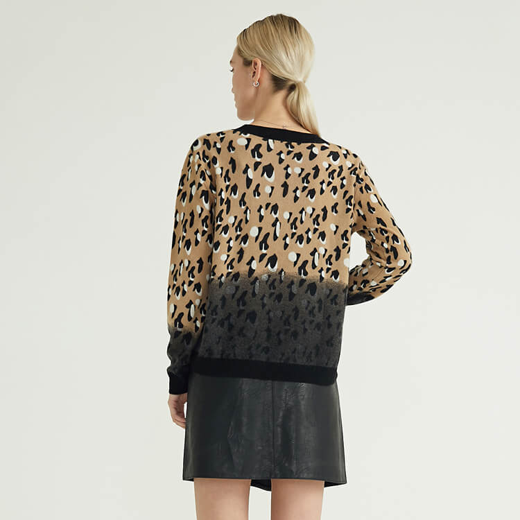 Leopard Printing Crew Neck Pure Casual Women Knit Cashmere Knitted Pullover Sweaters