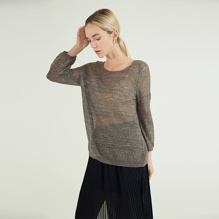 Spring And Summer Tulle Back Lace Design Knitted Sweater Pullover For Women